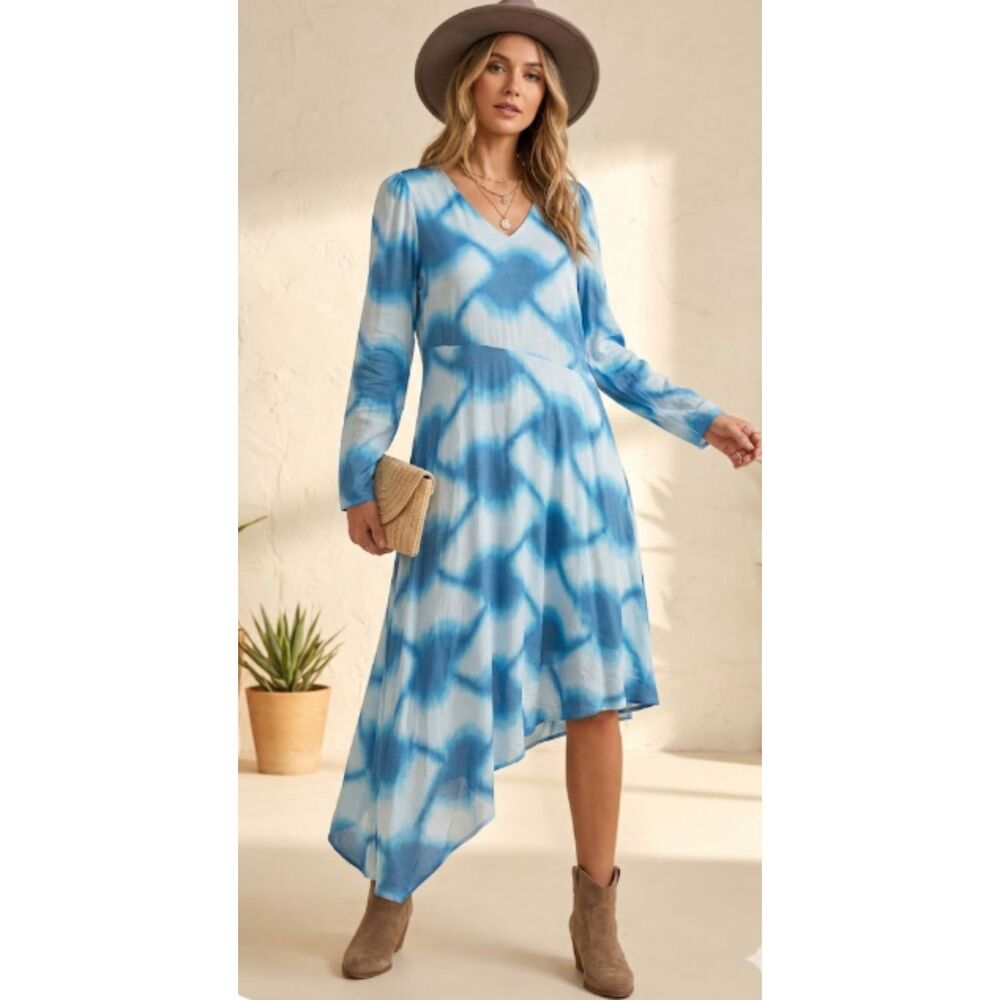 Cecilie‎ Copenhagen Gillian Watercolor Blue White Satin Asymmetric Dress Size L